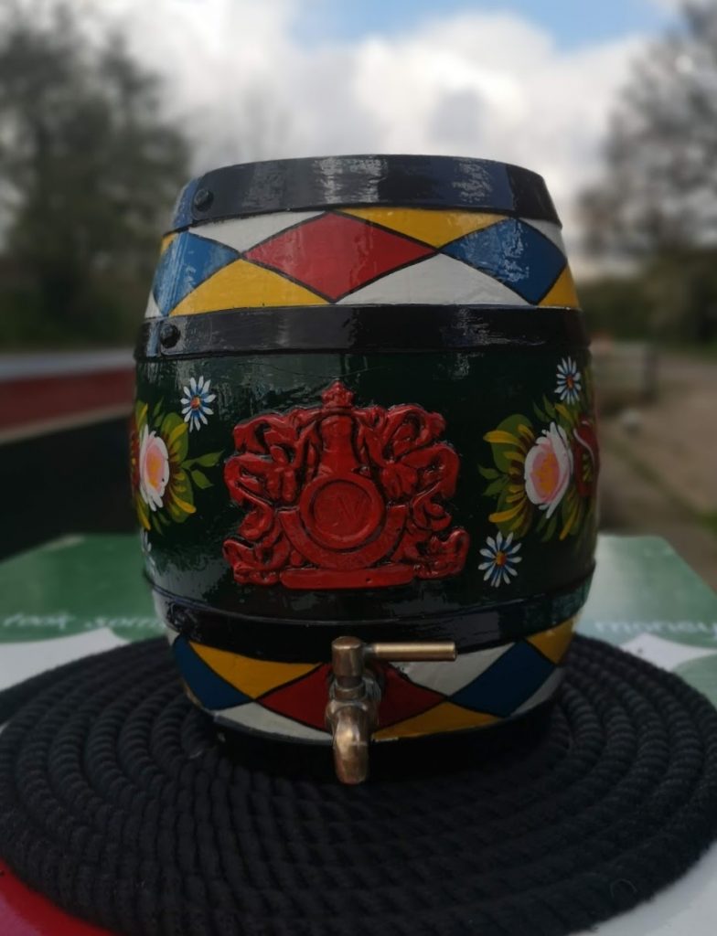 narrowboat art, barrel, hand painted, roses and castles, canalia canalware