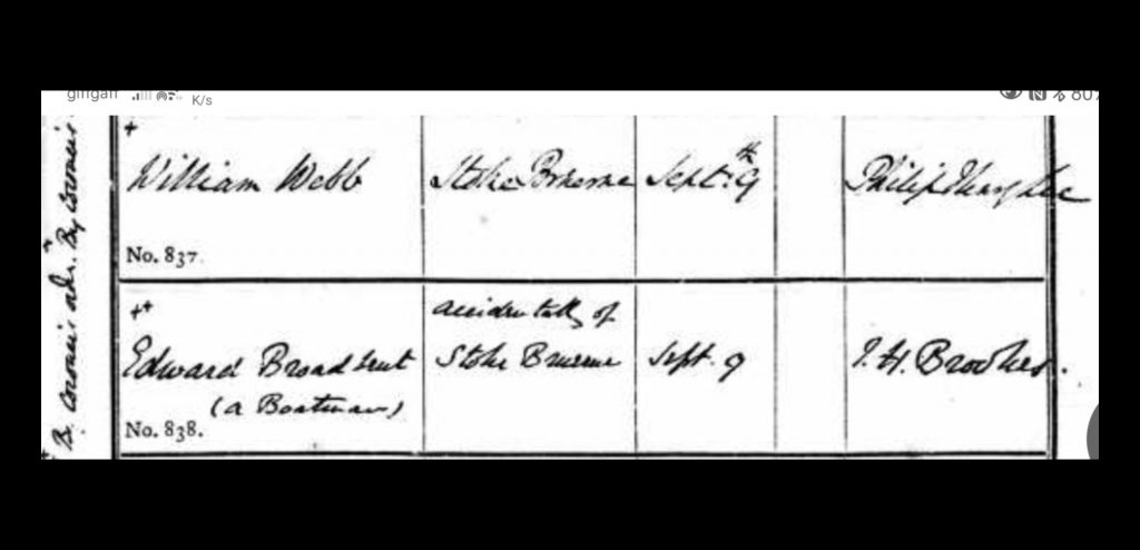 snip from Stoke bruerne parish register showing the burials of webb and broadbent